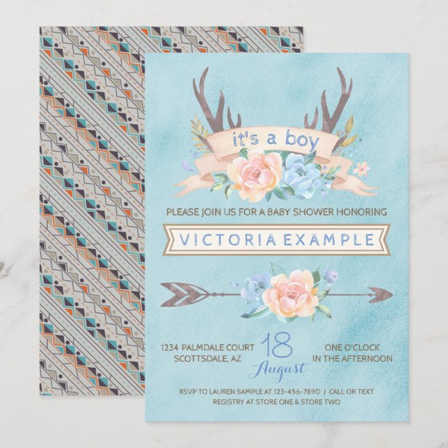 Boys Tribal Antler Baby Shower Invitations (Front/Back)