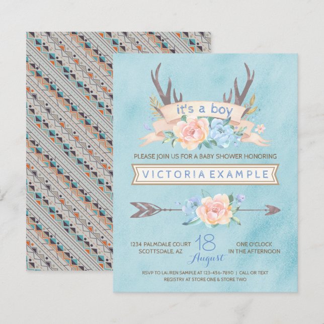 Boys Tribal Antler Boho Baby Shower Invitations (Front/Back)