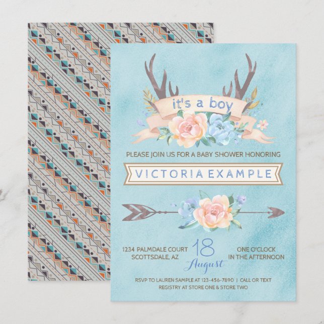 Boys Tribal Antler Floral Baby Shower Invitations (Front/Back)