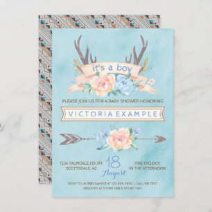 Boys Tribal Antler Floral Baby Shower Invitations