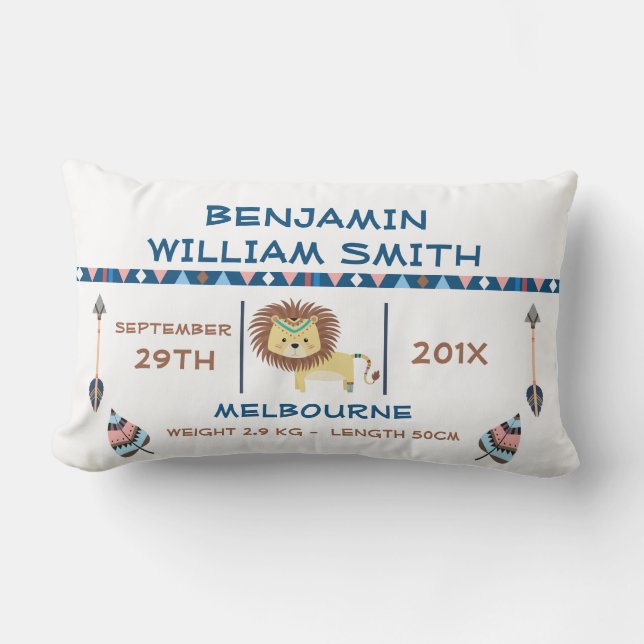 Boys Tribal Lion Birth Announcement Cushion (Front)