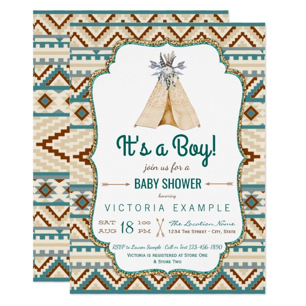 Boys Tribal Teepee Aztec Baby Shower Invitation