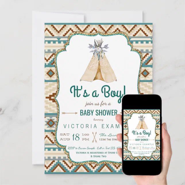 Boys Tribal Teepee Turquoise Aztec Baby Shower Invitation | Zazzle
