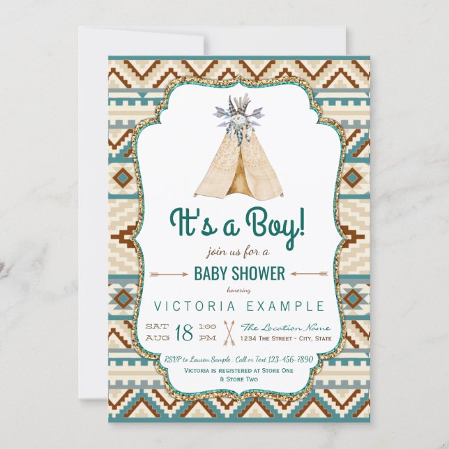 Boys Tribal Teepee Turquoise Aztec Baby Shower Invitation (Front)