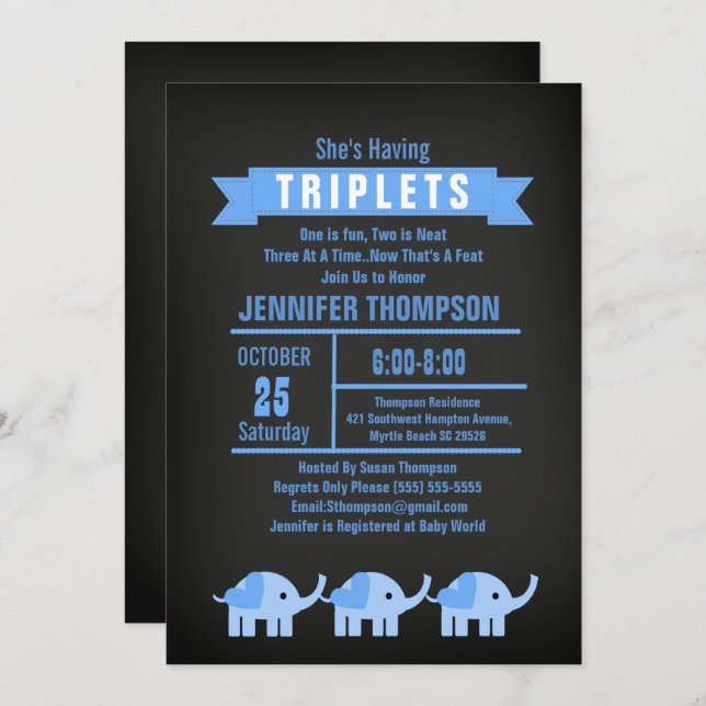 Boys Triplet Elephant Baby Shower Chalkboard Invitation (Front/Back)