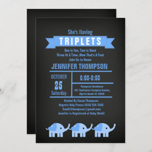 Boys Triplet Elephant Baby Shower Chalkboard Invitation