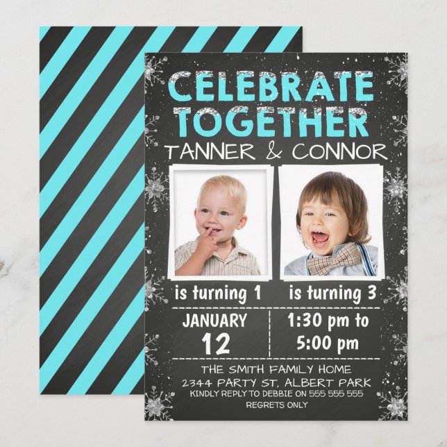 Boys Twins  or Joint Winter Birthday Invitation (Front/Back)