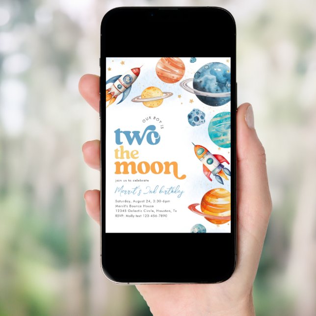 Boy's Two the Moon Rocket Birthday Invite (Front Digital)