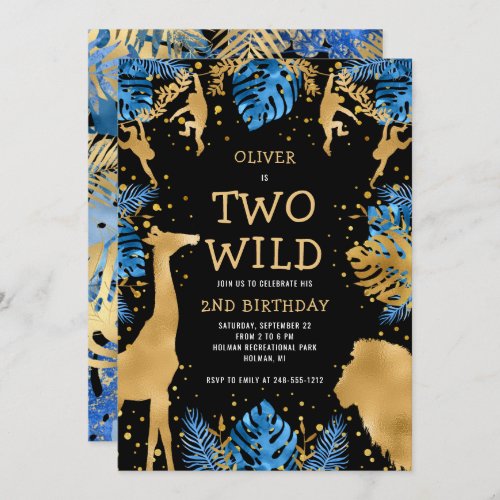 Boys Two Wild 2nd Birthday Blue Black Safari Invitation
