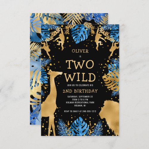 Boys Two Wild 2nd Birthday Blue Black Safari Invitation