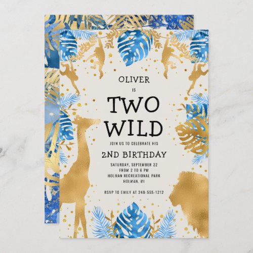 Boys Two Wild 2nd Birthday Blue Ecru Safari Invitation