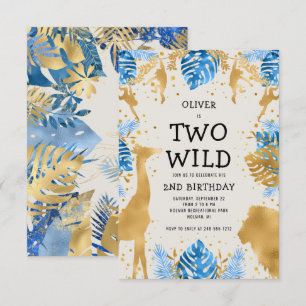 Boys Two Wild 2nd Birthday Blue Ecru Safari Invitation