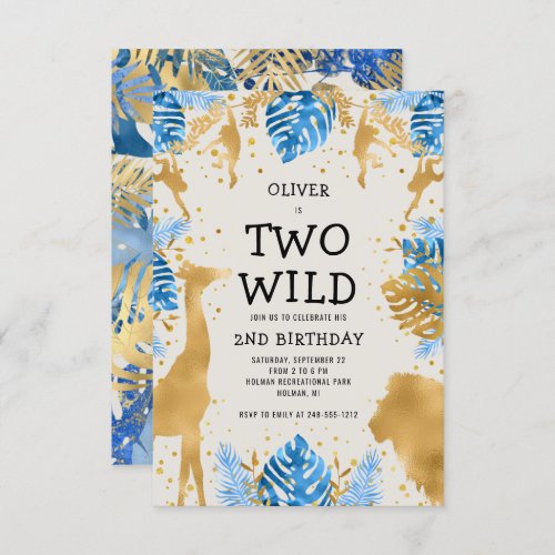Boys Two Wild 2nd Birthday Blue Ecru Safari Invitation