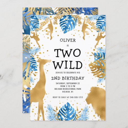 Boys Two Wild 2nd Birthday Blue Gold Safari Invitation