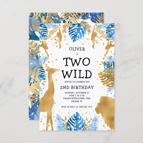 Boys Two Wild 2nd Birthday Blue Gold Safari Invitation