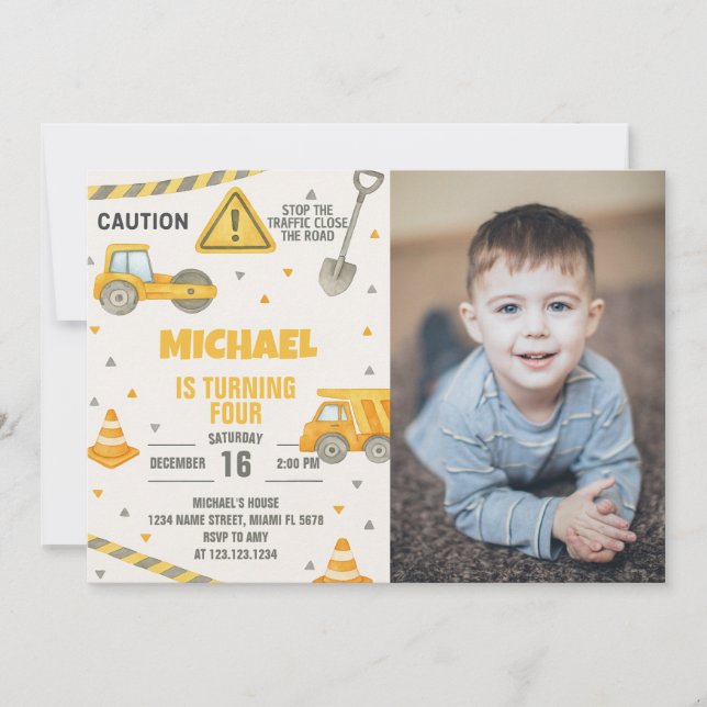 Boys Under Construction Birthday Invitation (Front)