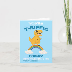 Boys Valentine's day blue dinosaur t-rex rainbow Holiday Card