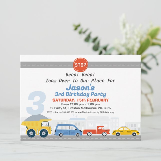 Boys Vehicles Transport Themed Birthday Invitation (Standing Front)