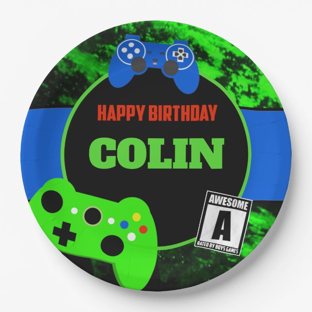 Boys Video Game Birthday Party Personalized Paper Plates (Front)