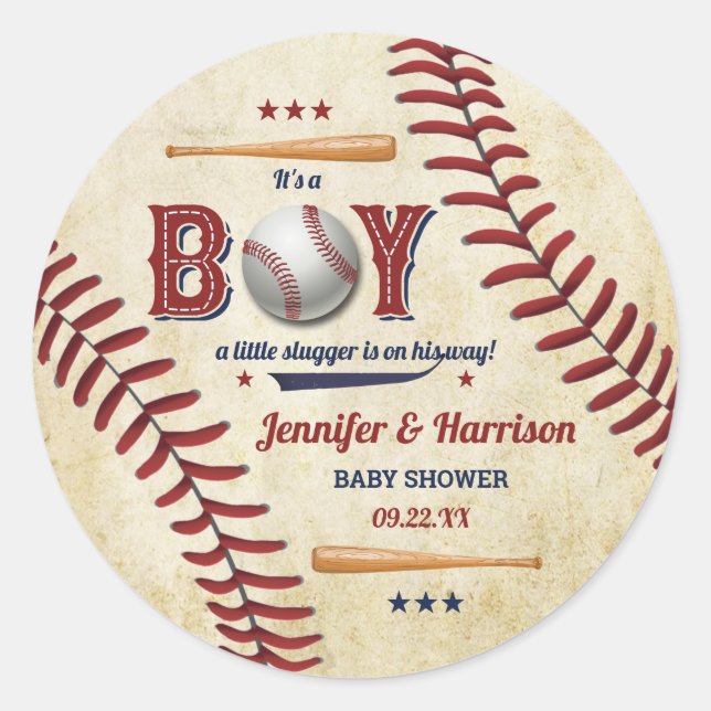Boys Vintage Baseball Baby Shower Classic Round Sticker (Front)