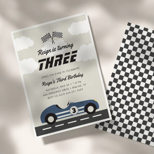 Boys Vintage Blue Race Car Birthday Party Invitation