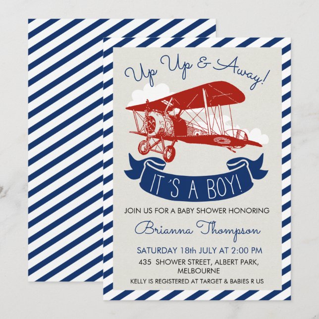 Boy's Vintage Plane Baby Shower Invitation (Front/Back)