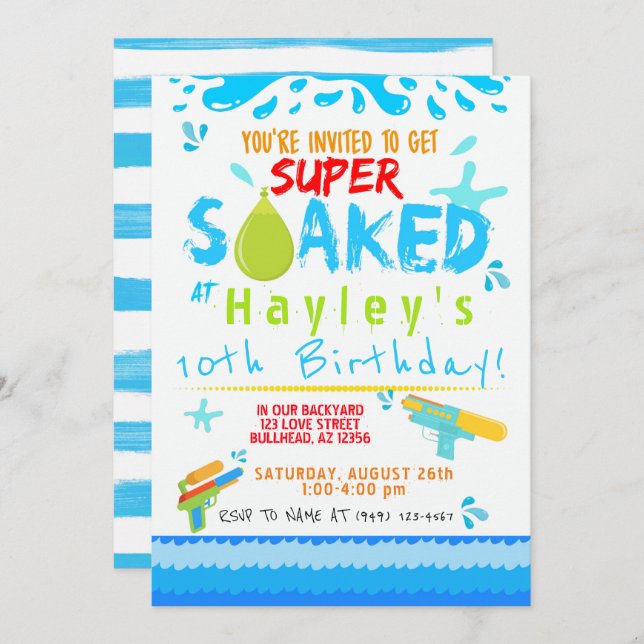 Boys Water Gun Water Balloon Swim Party Birthday Invitation (Front/Back)