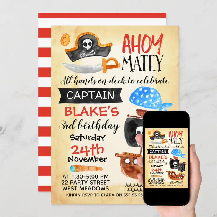 Boys Watercolor Ahoy Pirate Birthday Invitation | Zazzle