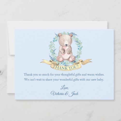 Boys Watercolor Bear Blue Floral Baby Shower Thank You Card