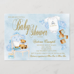 Boys Watercolor Blue Gold Baby Shower Invitation