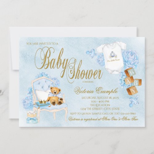 Boys Watercolor Blue Gold Baby Shower Invitation