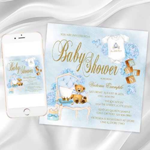 Boys Watercolor Blue Gold Baby Shower Invitations