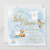 Boys Watercolor Blue Gold Baby Shower Invitations (Front)