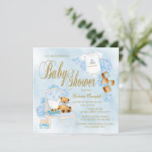 Boys Watercolor Blue Gold Baby Shower Invitations (Standing Front)