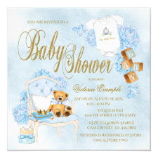 Boys Watercolor Blue Gold Baby Shower Invitations