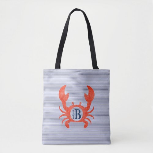 Boys Watercolor Crab Monogram Circlel Tote Bag