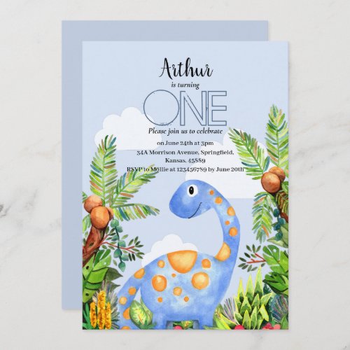 Boys Watercolor Dinosaur 1st Birthday Invitation