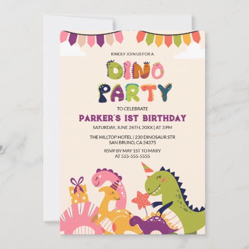 Boys Watercolor Dinosaur 1st Birthday  Invitation