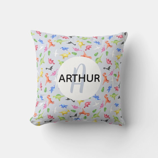 Boys Watercolor Dinosaur Monogram and Name Kids Throw Pillow (Front)