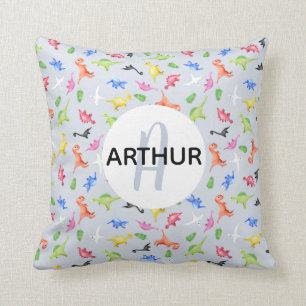 Boys Watercolor Dinosaur Monogram and Name Kids Throw Pillow