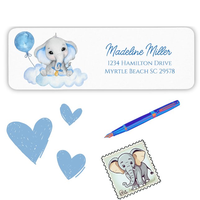 Boys Watercolor Elephant Baby Shower   Label (Creator Uploaded)