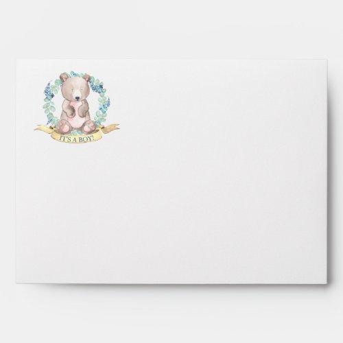 Boys Watercolor Floral Bear Baby Shower Preprinted Envelope