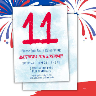 Boys Watercolor Kids Blue 11th Birthday Invitation