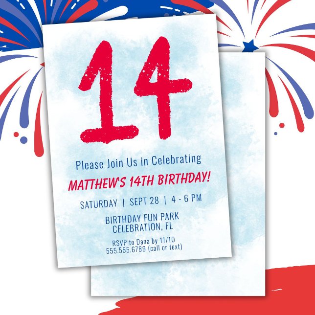 Boys Watercolor Kids Blue 14th Birthday Invitation (Creator Uploaded)