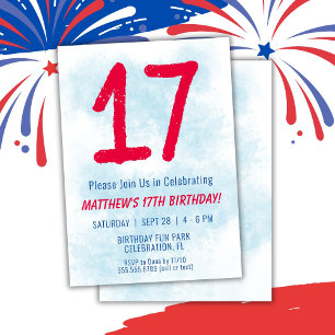 Boys Watercolor Kids Blue 17th Birthday Invitation