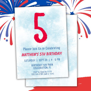 Boys Watercolor Kids Blue 5th Birthday Invitation