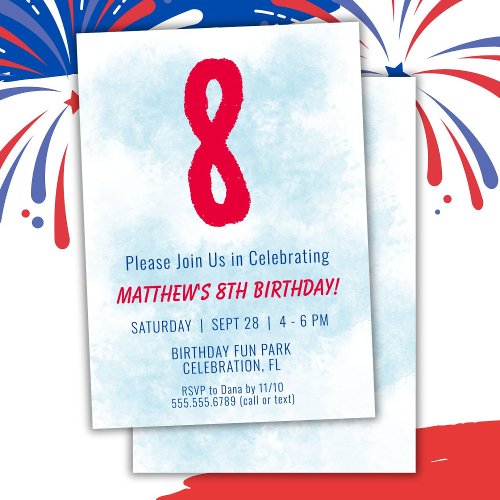 Boys Watercolor Kids Blue 8th Birthday Invitation