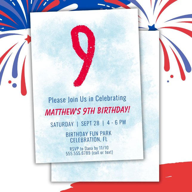 Boys Watercolor Kids Blue 9th Birthday Invitation (Creator Uploaded)