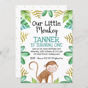 Boys Watercolor little Monkey Birthday Invitation