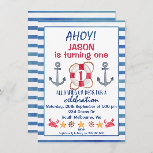 Boys Watercolor Nautical Birthday Invitation